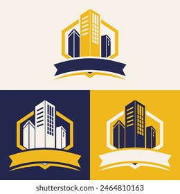 real estate logo design featuring blue and yellow colors with silhouette buildings in the background