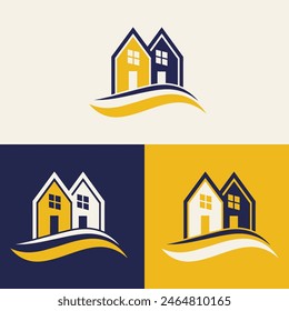 real estate logo design featuring blue and yellow colors with silhouette buildings in the background