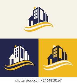 real estate logo design featuring blue and yellow colors with silhouette buildings in the background