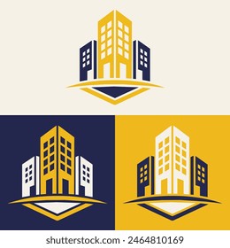 real estate logo design featuring blue and yellow colors with silhouette buildings in the background