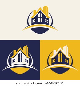 real estate logo design featuring blue and yellow colors with silhouette buildings in the background