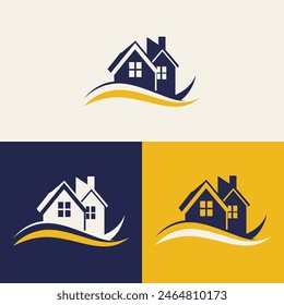 real estate logo design featuring blue and yellow colors with silhouette buildings in the background