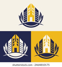 real estate logo design featuring blue and yellow colors with silhouette buildings in the background