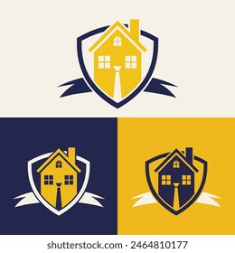 real estate logo design featuring blue and yellow colors with silhouette buildings in the background