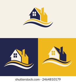 real estate logo design featuring blue and yellow colors with silhouette buildings in the background