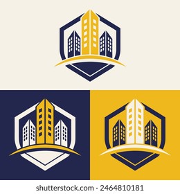 real estate logo design featuring blue and yellow colors with silhouette buildings in the background