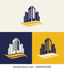 real estate logo design featuring blue and yellow colors with silhouette buildings in the background