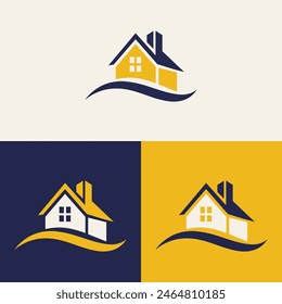 real estate logo design featuring blue and yellow colors with silhouette buildings in the background