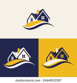 real estate logo design featuring blue and yellow colors with silhouette buildings in the background