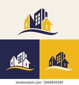 real estate logo design featuring blue and yellow colors with silhouette buildings in the background