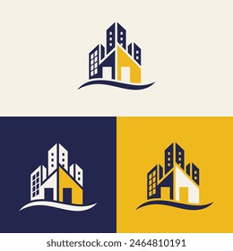 real estate logo design featuring blue and yellow colors with silhouette buildings in the background