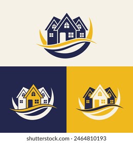 real estate logo design featuring blue and yellow colors with silhouette buildings in the background