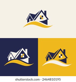 real estate logo design featuring blue and yellow colors with silhouette buildings in the background