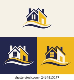 real estate logo design featuring blue and yellow colors with silhouette buildings in the background