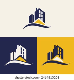 real estate logo design featuring blue and yellow colors with silhouette buildings in the background