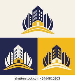 real estate logo design featuring blue and yellow colors with silhouette buildings in the background