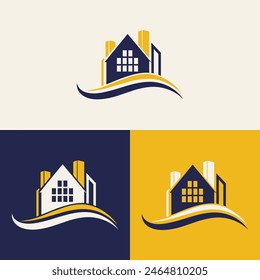 real estate logo design featuring blue and yellow colors with silhouette buildings in the background