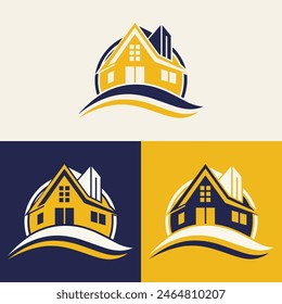 real estate logo design featuring blue and yellow colors with silhouette buildings in the background