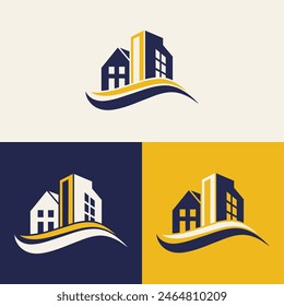 diseño de logotipo de bienes raíces con colores azul y amarillo con edificios de silueta en el fondo