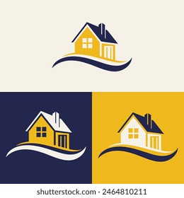 real estate logo design featuring blue and yellow colors with silhouette buildings in the background