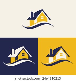 real estate logo design featuring blue and yellow colors with silhouette buildings in the background