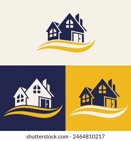 real estate logo design featuring blue and yellow colors with silhouette buildings in the background