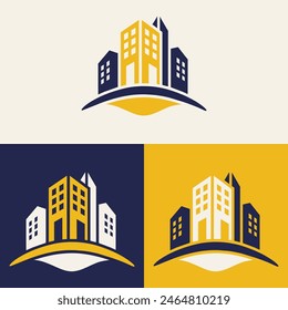 real estate logo design featuring blue and yellow colors with silhouette buildings in the background