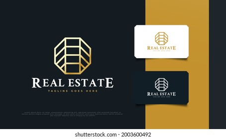 Real Estate Logo Design with Gold Octagonal Concept in Line Style. Construction, Architecture or Building Logo Design