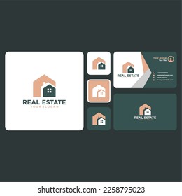 real estate logo design with house or building and business card