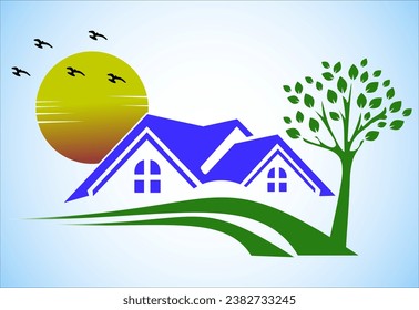 Real estate logo design icons with sun, birds and palm tree vector illustration