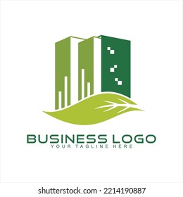 Real estate logo design illustration of apartment and leaves.