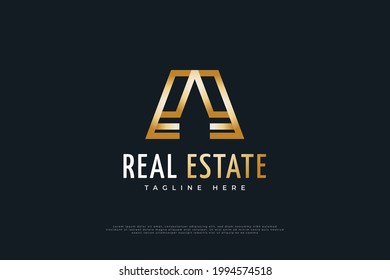 Real Estate Logo Design with Initial Letter A in Golden Gradient. Construction, Architecture or Building Logo Design