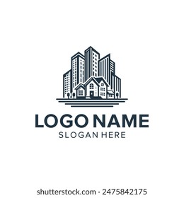 Real Estate Logo Design Inspiration for Apartment Houses. Illustration of a house logo in the middle of a city with skyscrapers.