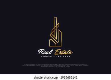 Real Estate Logo Design with Line Style in Gold Gradient. Construction, Architecture or Building Logo Design Template