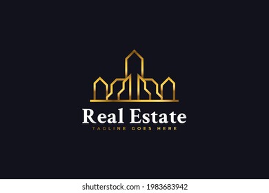 Real Estate Logo Design with Line Style in Gold Gradient. Construction, Architecture or Building Logo Design Template
