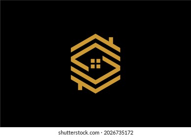 Real estate logo design. Monogram S and house abstract symbols. Outline house icon vector.