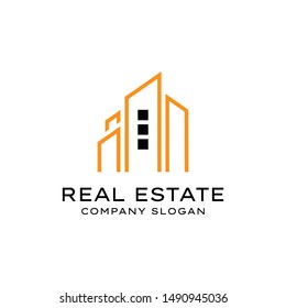 Real estate logo design orange and black color minimal flat style isolated on white background