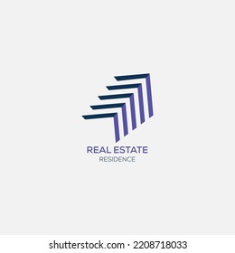 Diseño del logotipo inmobiliario. Vista panorámica de dos edificios. Plantilla de logotipo de residencia. Logo de la construcción. Idea del logotipo de los rascacielos gemelos