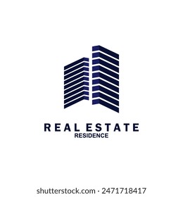Real estate logo design. Perspective view of modern building. Residence logo template. Construction logo. Twin skyscraper logo ideas.