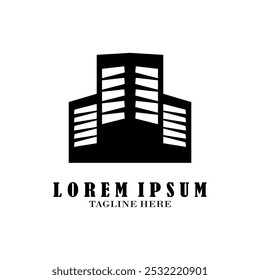Logo-Design für Immobilien. Perspektive des modernen Gebäudes. Logo-Vorlage für Wohnsitz. Baulogo. Ideen für das Logo von Twin Skyscraper.