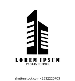 Real estate logo design. Perspective view of modern building. Residence logo template. Construction logo. Twin skyscraper logo ideas.