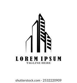 Logo-Design für Immobilien. Perspektive des modernen Gebäudes. Logo-Vorlage für Wohnsitz. Baulogo. Ideen für das Logo von Twin Skyscraper.