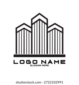 Diseño de logo inmobiliario. Vista de la Perspectiva del edificio moderno. Plantilla del logo de la residencia. Logotipo de la construcción. Ideas de logotipos de rascacielos gemelos.