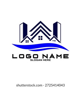 Diseño de logo inmobiliario. Vista de la Perspectiva del edificio moderno. Plantilla del logo de la residencia. Logotipo de la construcción. Ideas de logo de rascacielos.
