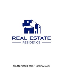 Real estate logo design. Residence logo template. Construction logo. Rental business branding. Perspective view of a building made from blocks.