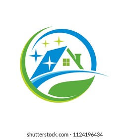 Real estate logo design template vector, home/house cleaning service, with leaf shape accent in the design