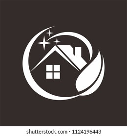 Real estate logo design template vector, home/house cleaning service, with leaf shape accent in the design