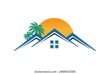 Real Estate logo design template with palm tree and sun