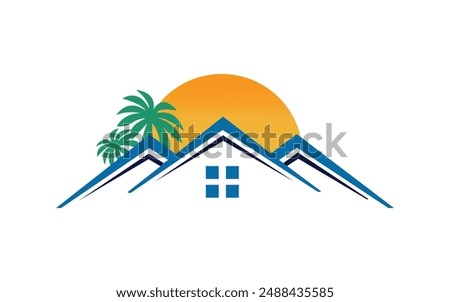 Real Estate logo design template with palm tree and sun