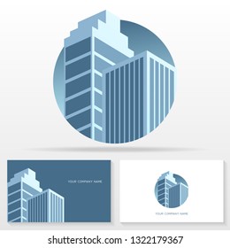 Real estate logo design vector sign. Stock vector emblem with modern buildings. Business card templates.